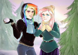 Size: 1700x1200 | Tagged: safe, artist:sashaalice, derpibooru import, fluttershy, rainbow dash, human, clothes, coat, gloves, hat, holiday, hoodie, humanized, looking at you, scarf, snow, snowball, snowfall, winter