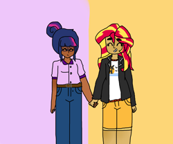 Size: 1738x1448 | Tagged: safe, artist:furawachan, sci-twi, sunset shimmer, twilight sparkle, equestria girls, dark skin, eyes closed, female, heart, holding hands, human coloration, lesbian, scitwishimmer, shipping, smiling, sunsetsparkle