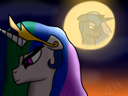 Size: 1032x774 | Tagged: safe, artist:coltbainscratchorn, princess celestia, princess luna, alicorn, pony, banishment, moon, sad