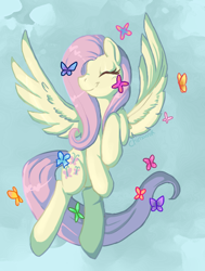 Size: 528x700 | Tagged: safe, artist:chimaerok, fluttershy, butterfly, pegasus, pony, flying, solo