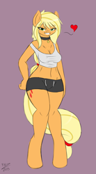 Size: 1061x1920 | Tagged: safe, artist:ensayne, applejack, anthro, unguligrade anthro, ask sexy applejack, bedroom eyes, belly button, choker, clothes, heart, shorts, simple background, solo, tanktop