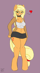 Size: 1061x1920 | Tagged: safe, artist:ensayne, applejack, anthro, unguligrade anthro, ask sexy applejack, bedroom eyes, belly button, choker, clothes, heart, jacket, simple background, skirt, solo, tanktop