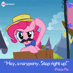 Size: 548x548 | Tagged: safe, screencap, pinkie pie, earth pony, pony, trade ya, bowtie, fake moustache, hat, hub logo, official, solo, the hub