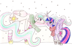 Size: 2157x1464 | Tagged: safe, artist:grocerystorephobic, princess celestia, twilight sparkle, twilight sparkle (alicorn), alicorn, pony, female, lesbian, mare, shipping, snow, snowfall, traditional art, twilestia, winter