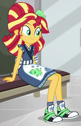 Size: 430x668 | Tagged: safe, screencap, sunset shimmer, eqg summertime shorts, equestria girls, good vibes, alternate hairstyle, bench, clothes, converse, cropped, female, mall, puffer fish, shoes, sitting, smiling, sneakers, solo, sunset sushi