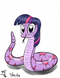 Size: 1190x1540 | Tagged: safe, artist:tomtornados, derpibooru import, twilight sparkle, original species, snake, snake pony, colored, forked tongue, irony, solo, species swap, twilight snakle