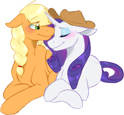 Size: 543x506 | Tagged: safe, artist:the-chibster, applejack, rarity, earth pony, pony, unicorn, accessory swap, blushing, cowboy hat, eyes closed, female, hat, lesbian, mare, rarijack, shipping, simple background, smiling, stetson, transparent background