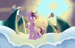 Size: 7765x4996 | Tagged: safe, artist:drawbauchery, derpibooru import, applejack, fluttershy, rainbow dash, spike, twilight sparkle, dragon, earth pony, pegasus, pony, unicorn, winter wrap up, absurd resolution, bell, female, mare, smiling, watermark