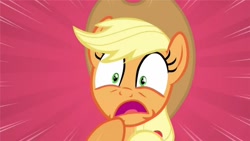 Size: 1120x630 | Tagged: safe, screencap, applejack, earth pony, pony, the crystal empire, reaction image, shocked, solo