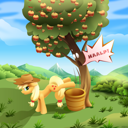 Size: 2400x2400 | Tagged: safe, artist:roadsleadme, applejack, bloomberg, earth pony, pony, applebucking, female, mare