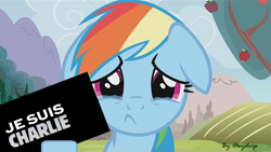 Size: 858x485 | Tagged: safe, artist:wydrop, derpibooru import, edit, rainbow dash, pegasus, pony, apple, charlie hebdo, crying, drama bait, france, french, je suis charlie, meme, sad, solo