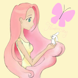 Size: 1000x1000 | Tagged: safe, artist:kiwiharuka, fluttershy, human, clothes, female, humanized, pink hair, solo