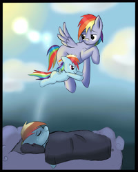 Size: 4000x5000 | Tagged: safe, artist:missredmoon1, derpibooru import, rainbow blaze, rainbow dash, pegasus, pony, crying, cute, dashabetes, filly, flying, sleeping, younger