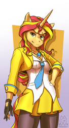 Size: 777x1425 | Tagged: safe, artist:mykegreywolf, sunset shimmer, anthro, unicorn, ace attorney, athena cykes, clothes, cosplay, costume, female, gloves, looking at you, mare, pantyhose, skirt, skirt suit, smiling, solo