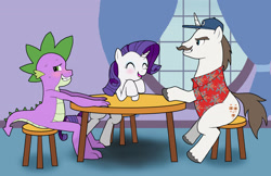 Size: 2550x1650 | Tagged: safe, artist:bico-kun, hondo flanks, rarity, spike, dragon, pony, unicorn, aloha shirt, baseball cap, blushing, clothes, father and child, father and daughter, female, footsie, hat, hawaiian shirt, looking away, magnum p.i., male, nervous, parent and child, shipping, sparity, stool, straight, sweat, table, tail wrap