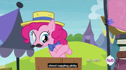 Size: 633x352 | Tagged: safe, screencap, pinkie pie, earth pony, pony, trade ya, bowtie, fake moustache, hat, hub logo, meme, solo, youtube caption