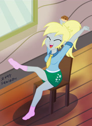 Size: 4794x6578 | Tagged: safe, artist:sumin6301, derpy hooves, equestria girls, :d, absurd resolution, alternate hairstyle, chair, clothes, cute, derpabetes, eyes closed, food, happy, muffin, necktie, ponytail, raised leg, sitting, skirt, skirt lift, socks, solo