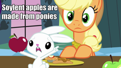 Size: 960x540 | Tagged: safe, angel bunny, applejack, earth pony, pony, apple, caption, image macro, meme, soylent green