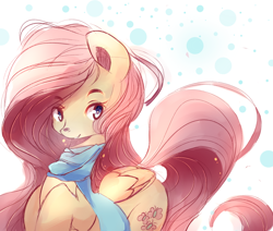 Size: 1024x870 | Tagged: safe, artist:inkytophat, fluttershy, pegasus, pony, clothes, scarf, snow, snowfall, solo