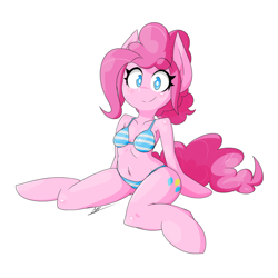 Size: 800x800 | Tagged: dead source, safe, artist:red-poni, pinkie pie, anthro, earth pony, adorasexy, arm hooves, belly button, bikini, clothes, cute, diapinkes, female, sexy, sitting, smiling, solo, swimsuit, white pupils