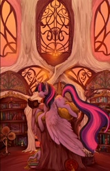 Size: 774x1200 | Tagged: safe, artist:saint-juniper, derpibooru import, spike, twilight sparkle, twilight sparkle (alicorn), alicorn, dragon, pony, book, female, interior, large wings, library, mare, reading, solo