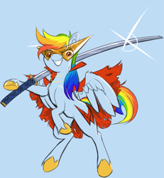 Size: 1195x1293 | Tagged: safe, artist:registered111, derpibooru import, rainbow dash, pegasus, pony, cape, clothes, crossover, glasses, grin, kamina, katana, lens flare, solo, sword, tengen toppa gurren lagann, unshorn fetlocks, weapon