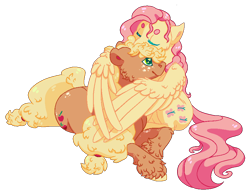 Size: 930x730 | Tagged: safe, artist:excessivefetlocks, applejack, fluttershy, earth pony, pegasus, pony, appleshy, female, fluffy, hug, lesbian, missing accessory, shipping, thick eyebrows, unshorn fetlocks, winghug