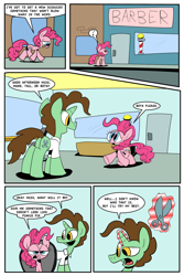 Size: 1280x1920 | Tagged: safe, artist:joeywaggoner, pinkie pie, oc, earth pony, pony, too many pinkie pies, barber, comic, diane, the clone that got away