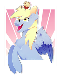 Size: 1024x1295 | Tagged: safe, artist:samandriilrf, derpy hooves, pegasus, pony, abstract background, balancing, female, food, mare, muffin, solo