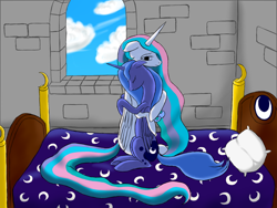 Size: 900x675 | Tagged: safe, artist:vasillium, princess celestia, princess luna, alicorn, pony, bed, hug, sisters