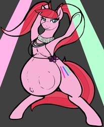 Size: 2980x3613 | Tagged: safe, artist:m-p-l, artist:pacificside18, pacific glow, earth pony, belly, belly button, belly dancer, big belly, dancing, female, jewelry, kicking, lights, necklace, outie belly button, pacifier, pigtails, pregnant, solo, solo female, twintails