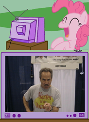 Size: 563x770 | Tagged: safe, pinkie pie, human, exploitable meme, irl, irl human, larry thomas, meme, no soup for you, obligatory pony, photo, seinfeld, soup nazi, trolling m.a. larson, tv meme, wondercon