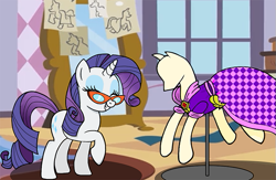 Size: 675x439 | Tagged: safe, artist:lifesharbinger, rarity, pony, unicorn, clothes, dress, glasses, mannequin, solo