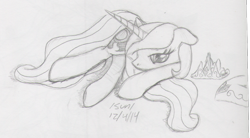 Size: 1145x633 | Tagged: safe, artist:slash-sun-slash, princess celestia, alicorn, pony, celestiadoodle, cute, cutelestia, lying, lying down, monochrome, sketch, solo, traditional art