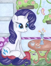 Size: 2512x3248 | Tagged: safe, artist:jackie00liza, rarity, pony, unicorn, cushion, cute, flower, sitting, solo, table, tea, traditional art