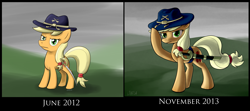 Size: 2469x1092 | Tagged: safe, artist:whatsapokemon, applejack, earth pony, pony, cavalry, comparison, sword