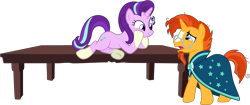 Size: 4500x1885 | Tagged: safe, artist:cloudyglow, artist:r3ap3rg, starlight glimmer, sunburst, pony, unicorn, uncommon bond, absurd resolution, clothes, female, glasses, hooves on face, looking down, looking up, male, mare, on table, ponies wearing sunburst's socks, robe, simple background, sockless sunburst, socks (coat marking), stallion, sunburst's robe, table, teasing, transparent background, underhoof