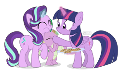 Size: 1000x595 | Tagged: safe, artist:dm29, spike, starlight glimmer, twilight sparkle, twilight sparkle (alicorn), alicorn, dragon, pony, unicorn, abuse, chocolate chip cookie, cookie, eating, female, food, glowing horn, magic, male, mare, simple background, spikeabuse, telekinesis, transparent background, winged spike