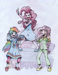 Size: 2005x2572 | Tagged: safe, artist:ilacavgbmjc, derpibooru import, fluttershy, pinkie pie, rainbow dash, equestria girls, clothes, humanized, pajamas, singing, slippers, traditional art