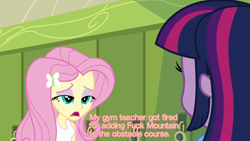 Size: 1280x720 | Tagged: safe, derpibooru import, edit, edited screencap, screencap, fluttershy, twilight sparkle, equestria girls, equestria girls (movie), cards against equestria girls, duo, image macro, lidded eyes, vulgar