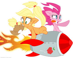 Size: 5000x4000 | Tagged: safe, artist:dfectivedvice, artist:yanoda, applejack, pinkie pie, earth pony, pony, .ai available, colored, riding, rocket, simple background, transparent background, vector