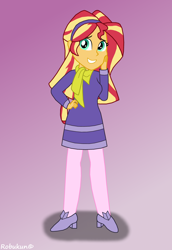 Size: 2200x3200 | Tagged: safe, artist:robukun, sunset shimmer, equestria girls, clothes, cosplay, costume, daphne blake, dress, high heels, pantyhose, scooby doo, shoes, skirt