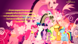 Size: 1920x1080 | Tagged: safe, artist:illumnious, artist:masem, derpibooru import, applejack, discord, fluttershy, pinkie pie, rainbow dash, rarity, spike, twilight sparkle, twilight sparkle (alicorn), alicorn, dragon, earth pony, pegasus, pony, unicorn, dave willis, female, flower, group hug, mane seven, mane six, mare, quote, vector, wallpaper