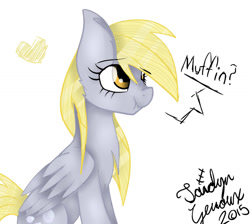 Size: 1024x916 | Tagged: safe, artist:jaidyn-fangtrap, derpy hooves, pegasus, pony, bronybait, cute, female, heart, mare, scrunchy face, simple background, sitting, solo