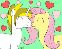 Size: 1000x800 | Tagged: safe, artist:bigbullybiggs, artist:pacificside18, fluttershy, oc, oc:white heart, pegasus, pony, unicorn, boop, canon x oc, female, green background, heart, male, mutual booping, noseboop, shipping, simple background, straight