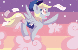 Size: 1280x828 | Tagged: safe, artist:abbystarling, derpy hooves, pegasus, pony, bag, cloud, female, hat, letter, mailmare, mare, solo