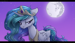 Size: 841x488 | Tagged: safe, artist:kerydarling, princess celestia, alicorn, pony, female, floppy ears, lullaby for a princess, mare, mare in the moon, moon, sad, solo