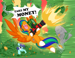 Size: 3300x2550 | Tagged: safe, artist:mulberrytarthorse, oc, oc only, oc:naarkerotics, breaking the fourth wall, cash, money gun, shut up and take my money