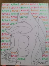 Size: 768x1024 | Tagged: safe, artist:andypriceart, applejack, twilight sparkle, earth pony, pony, apple, applenese, black and white, book, derp, grayscale, monochrome, one word, partial color, that pony sure does love apples, traditional art