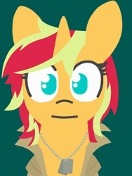 Size: 750x1000 | Tagged: safe, artist:threetwotwo32232, sunset shimmer, unicorn, bust, clothes, coat, dog tags, liquid snake, looking at you, metal gear solid, parody, portrait, solo